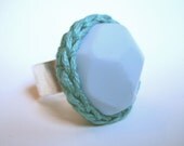 Seafoam and Mint Geometric Ring with Crochet Bezel by Even Howard. Adjustable wide band easily fits 7-10. Chunky Cocktail ring.