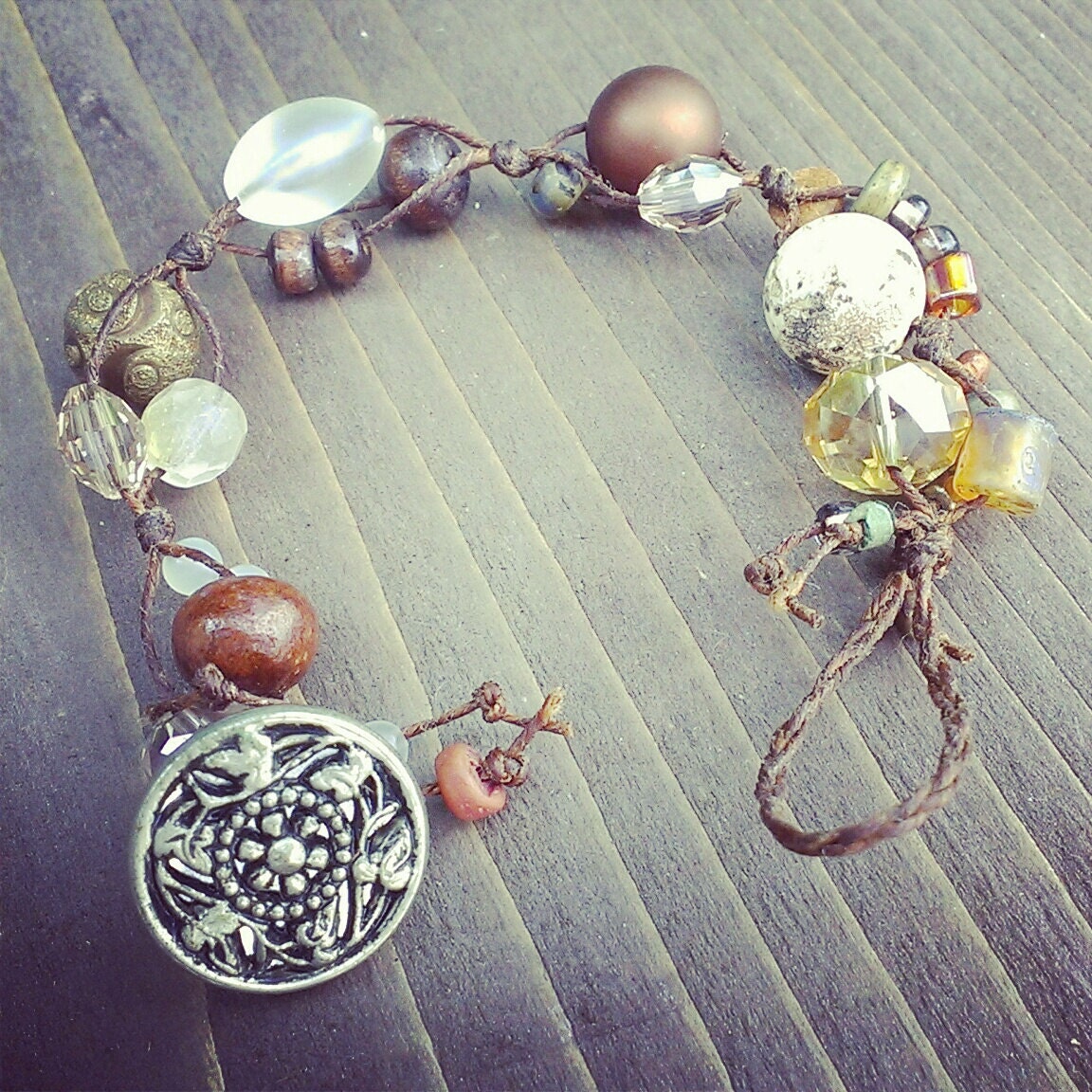 bohemian linen collage bracelet vintage buttons and beads No.4