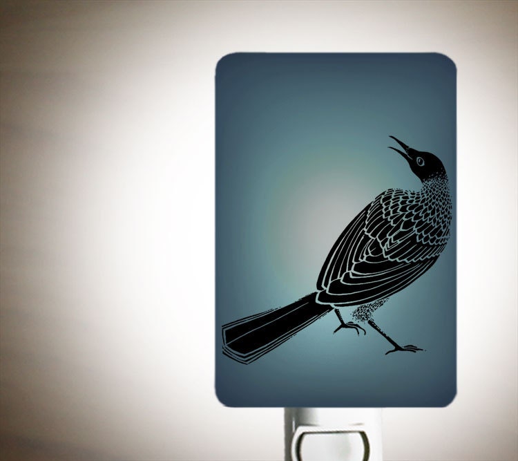 Bowerbird Nightlight on Deep Ocean Blue Fused Glass Night Light - Gift for Baby Shower or Nature Lover - Beautiful Bird - Dark Blue