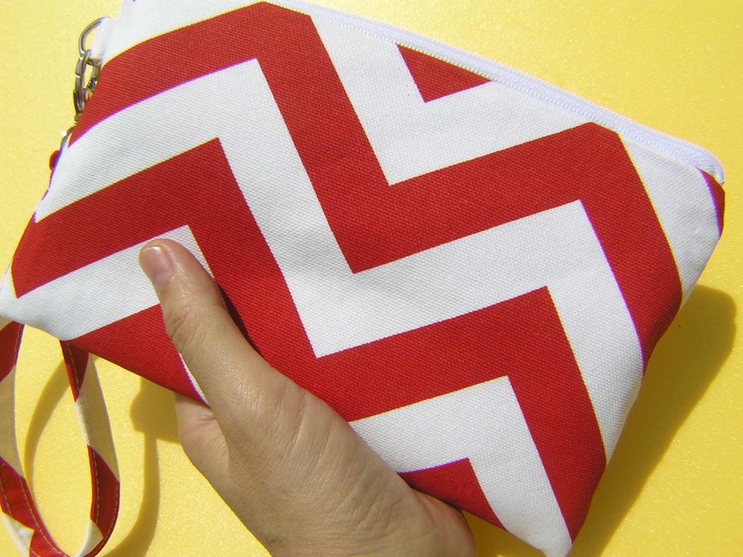 GIFT POUCH, 2 pockets, bridesmaids, flower girls, handmade, iphone  - BIG Chevron lipstick red/white
