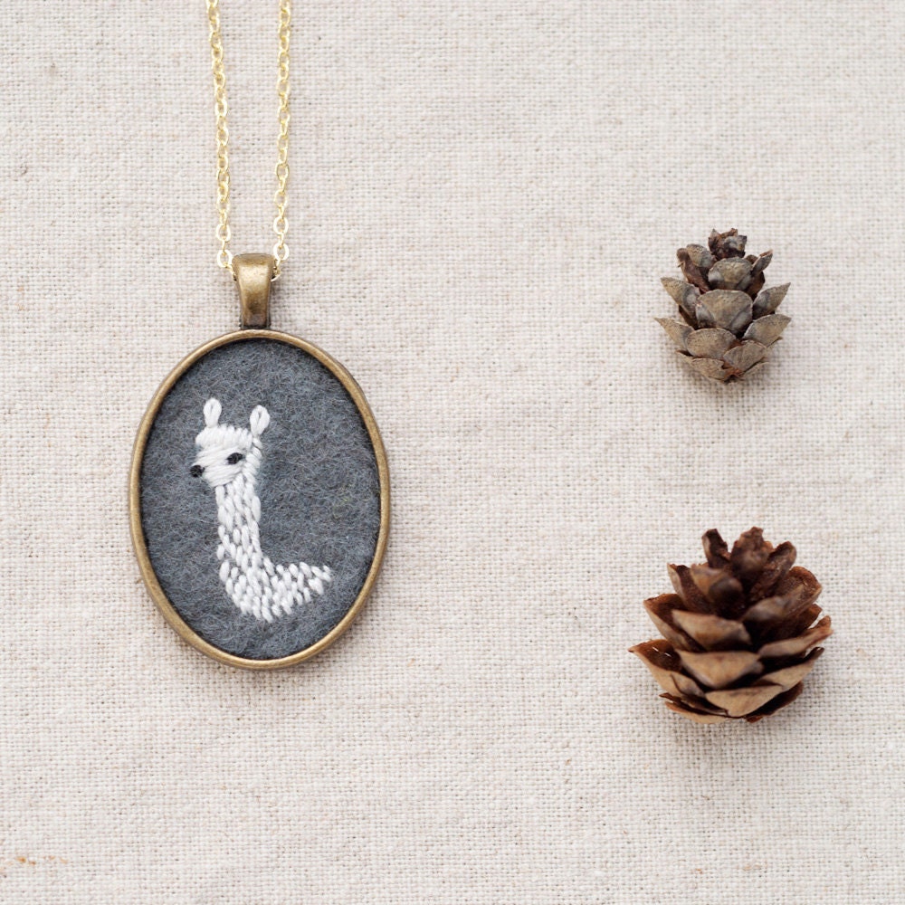 Embroidered Alpaca Necklace - Oval Animal Portrait