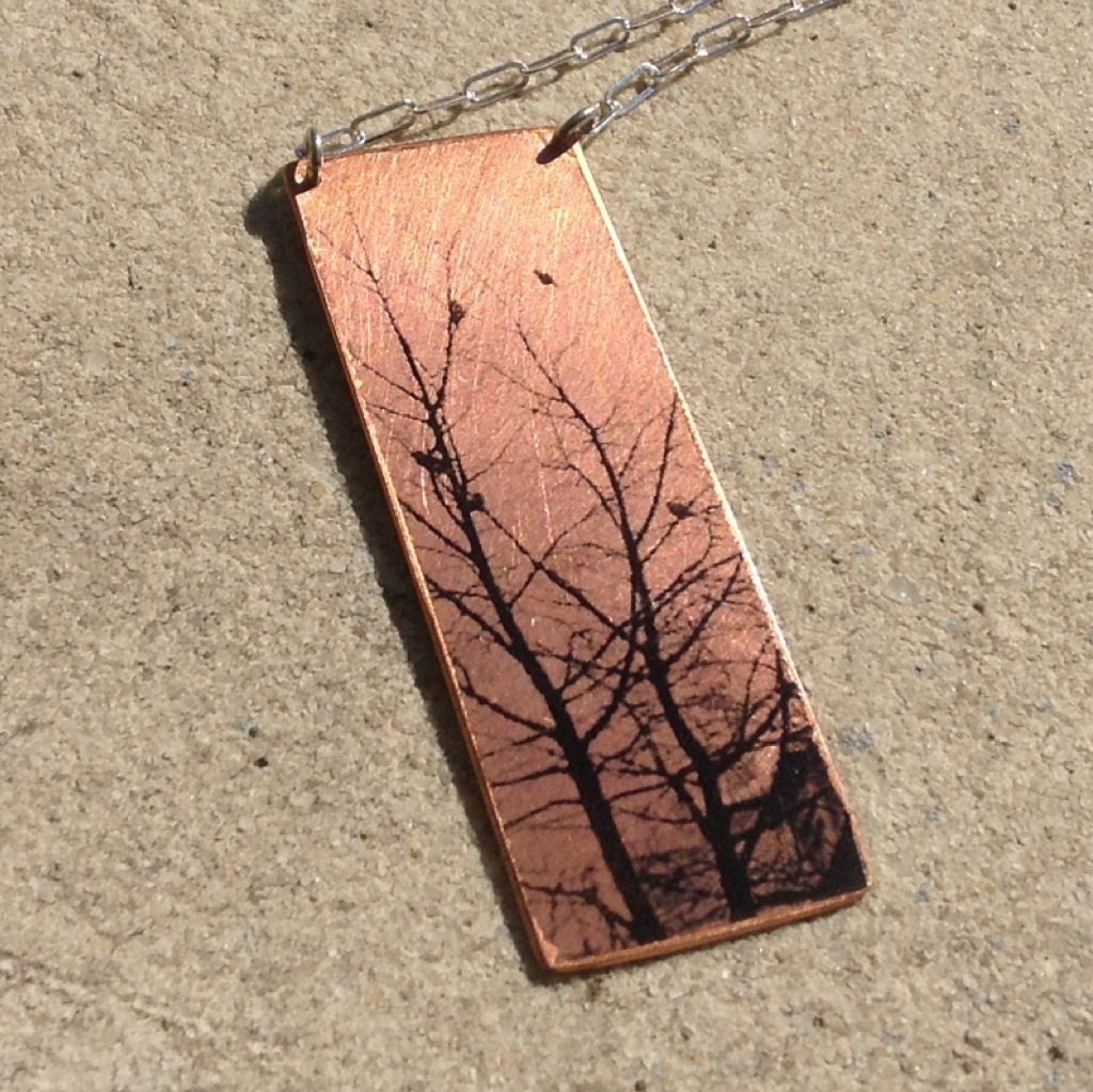 Copper Birds in Trees Necklace on Sterling Chain