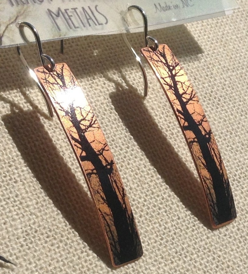 Copper Linear Tree Earrings