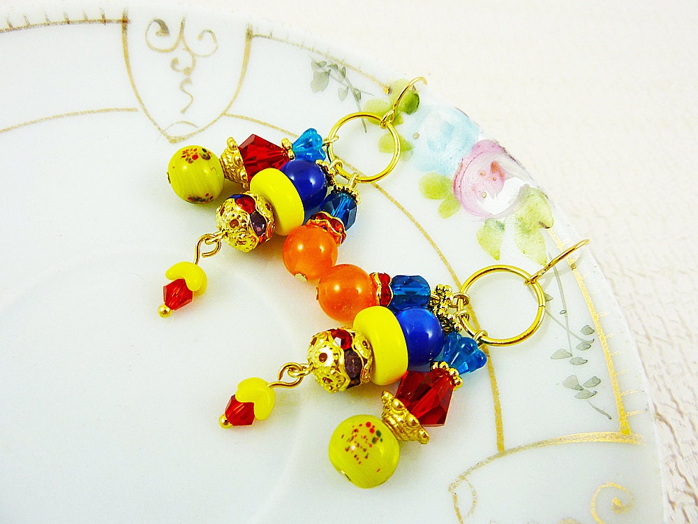 Bead Cluster Earrings, Colorful Carnival Glass Beaded Charm Dangles in Red Blue Orange Yellow