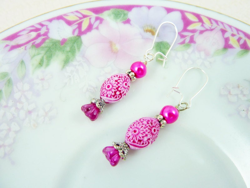 Pretty Bright Pink Dangle Earrings, Vintage Carved Floral Bead, Bell Flowers, Silver Accents