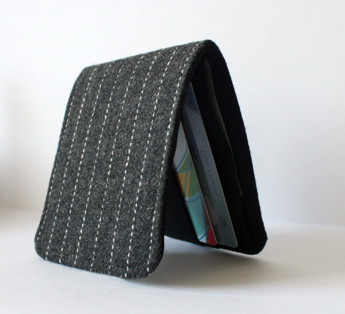 Minimalist Slimline Wallet Dark Grey Pinstripes Wool 5 Pockets Customizable