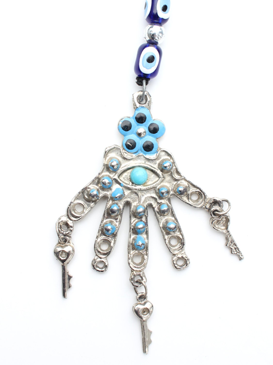 vintage 80s evil eye necklace / eye hand key necklace / unique silver turquoise pendant