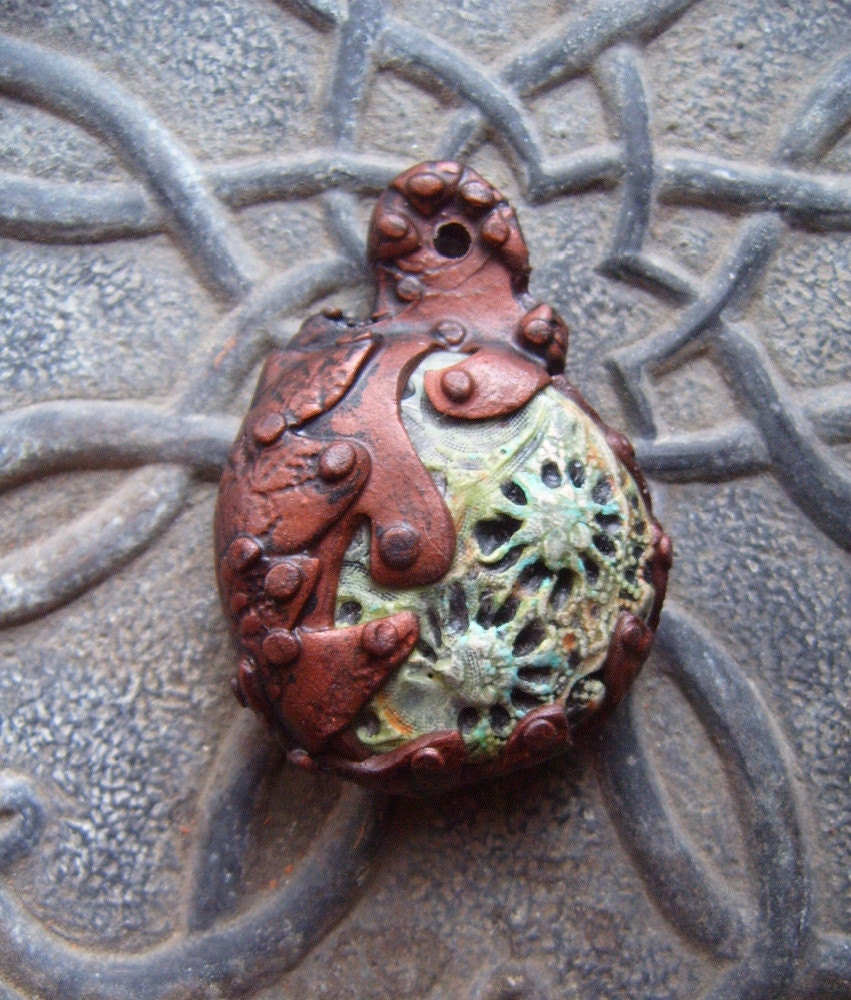 Art Pendant Riveted Copper Look Blue Green