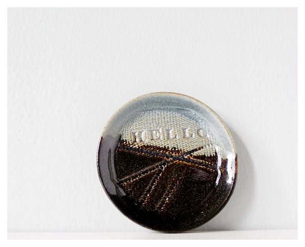 Spoon rest tiny plate jewelry catcher Hello fun message - black blue pottery miniature dish