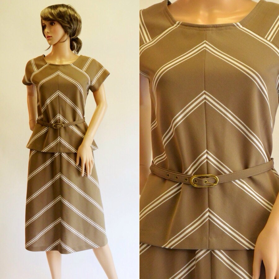 1960s Lady Carol New York Beige 2 Piece Belted Skirt & Top, Chevron Stripes