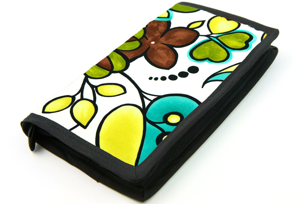 ZIP AROUND Knitting Needle Case or Art Tool Organizer - Watercolor Garden - 24 Black Pockets See-Thru Notions Zipper