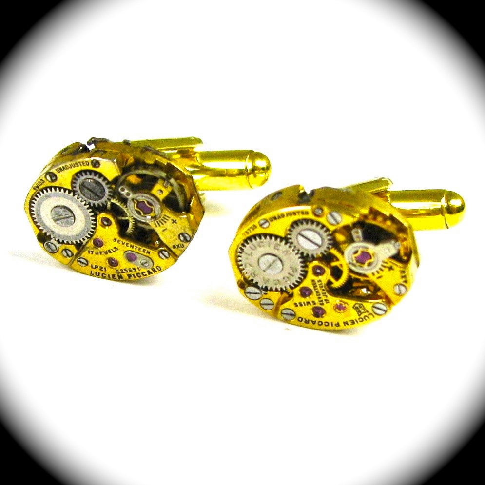 Gold Steampunk Cuff Links Clockwork Petite Ovals with Real Ruby Jewels Matched LUCIEN PICCARD Very Special Pair by Nouveau Motley