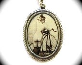 Risque Lady with BICYCLE Photo Cameo Necklace NUDE Edwardian Era French Postcard Silver Plated by Nouveau Motley