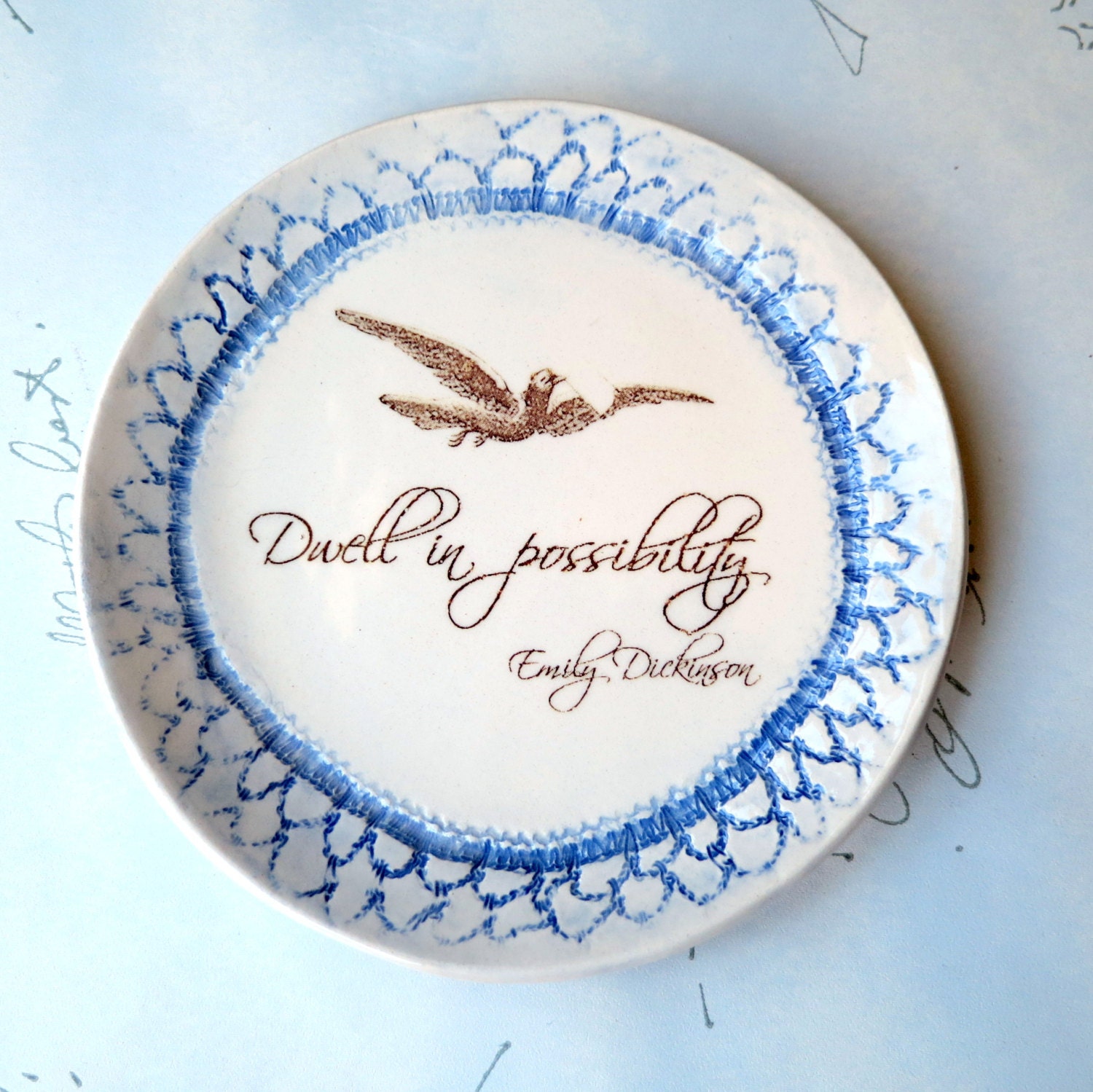 Dwell in Possibility . Emily Dickinson Poetry . Quote . Swallow carrying a secret message . Ring Dish . Ready to Ship