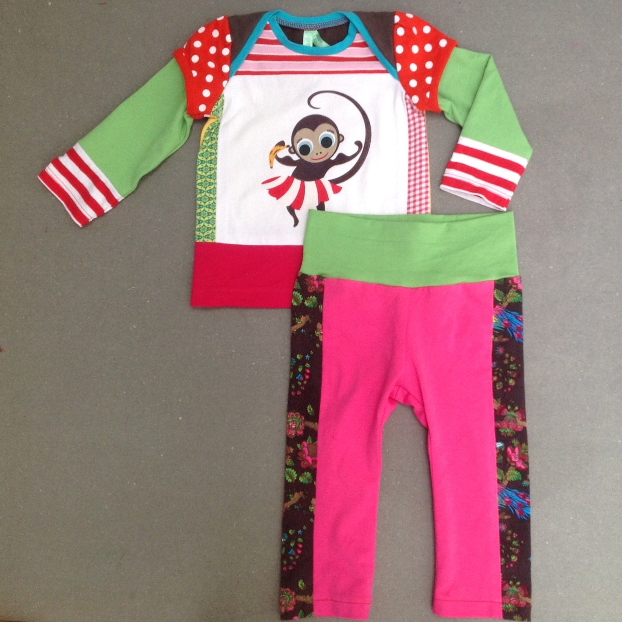 Upcycled baby girls T-shirt and trousers set size 4 up to 12 months