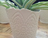 candle holder translucent raw clay doilie imprint 4 inch
