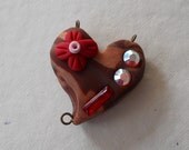 Chocolate and Red Rustic HEART with Swarovski and Vintage Crystals