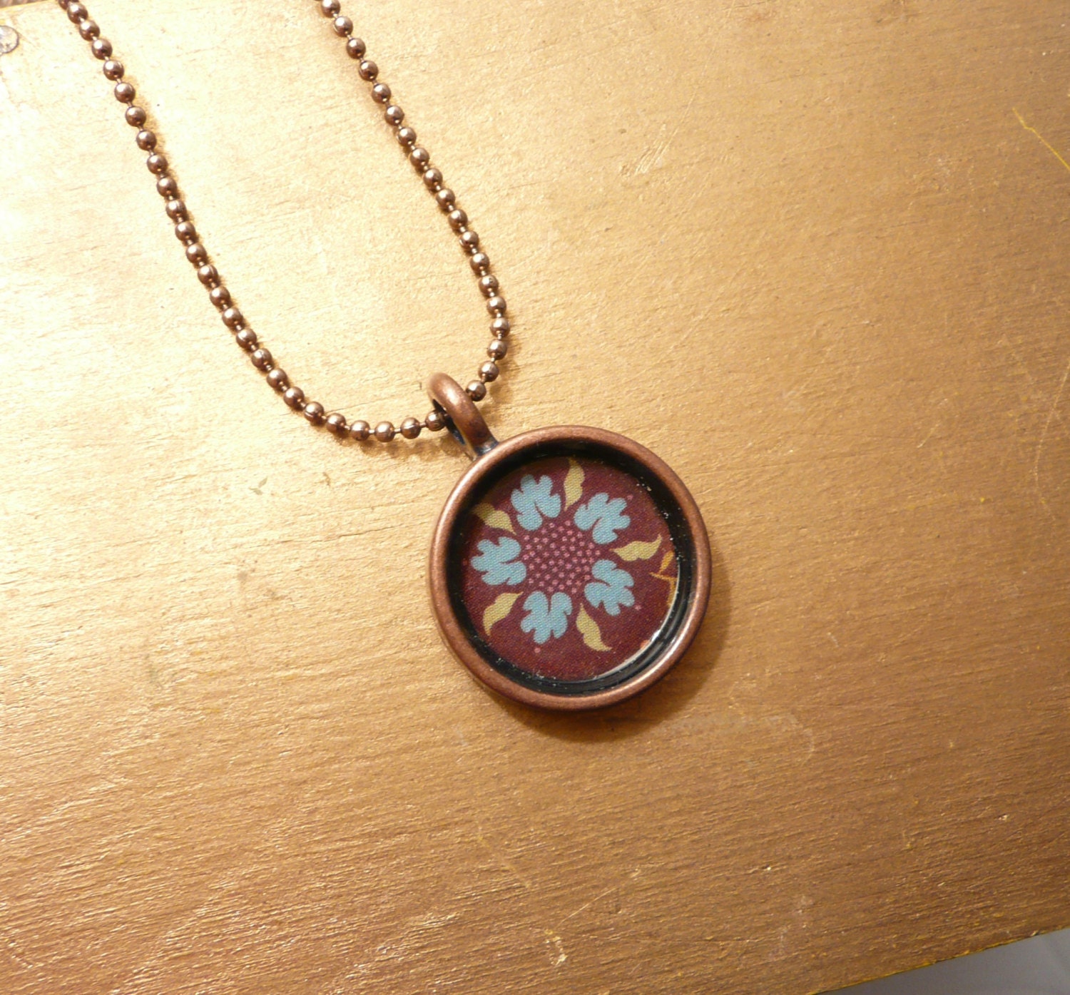 Petite Flower Necklace - Origami Paper and Metal Bezel on Copper Colored Ball Chain