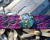 Textured Purple Leather Glass Button Cuff Wristband Bracelet