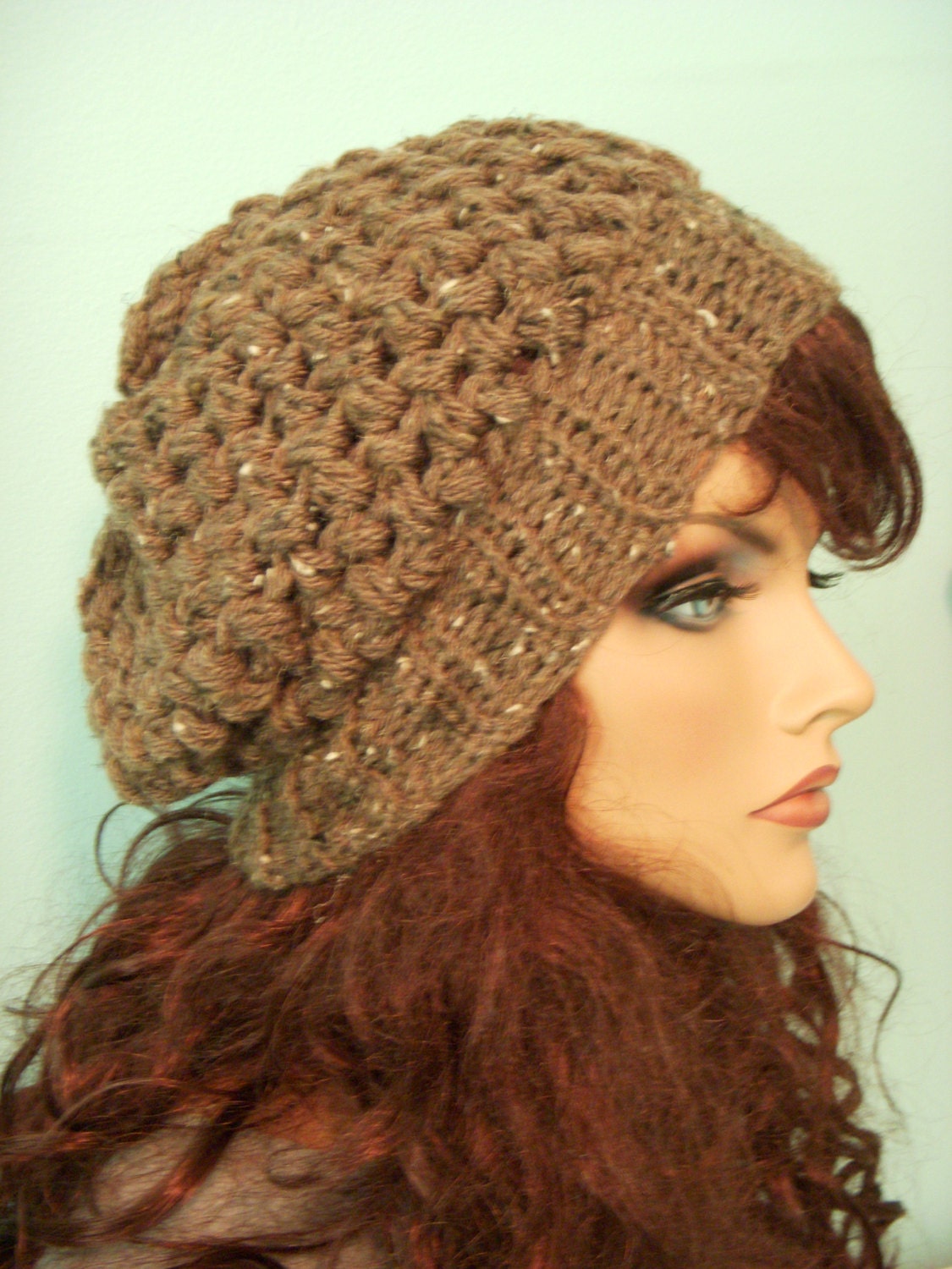 Slouchy Hat, Brown Tweed Beret, Crochet Slouch Tam Beanie