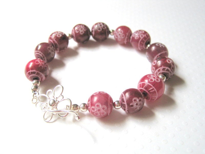 Carved Raspberry Jade Bracelet, Semi Precious, Sterling Silver, Beaded, Toggle Clasp