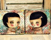 My Heart Is Yours - Original Mixed Media Collage Painting Set Of Two By Danita Art (5x5 Inches On Wood)