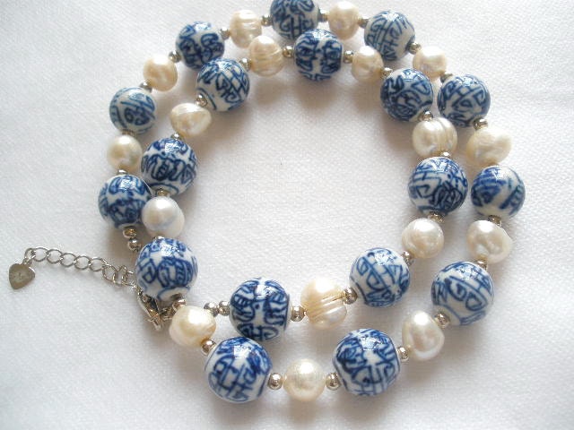 Freshwater Pearls with Blue and White Chinese Porcelain Beads Necklace