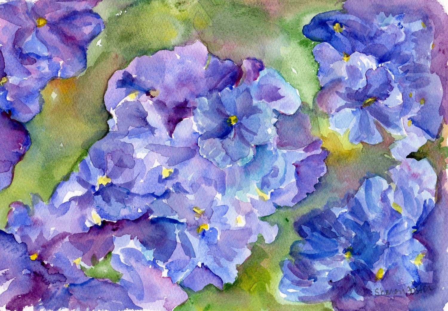 Purple and Blue Hydrangeas watercolor painting original, 7 X 10