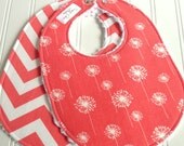 Baby Bibs for Baby Girl  - Set of 2 Triple Layer Chenille  - Coral Dandelions & Coral Chevron
