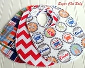Baby Bibs for Baby Boy  - Set of 3 Triple Layer Chenille - Going Coastal Bottle Caps, Red Chevron & Going Coastal Plaid