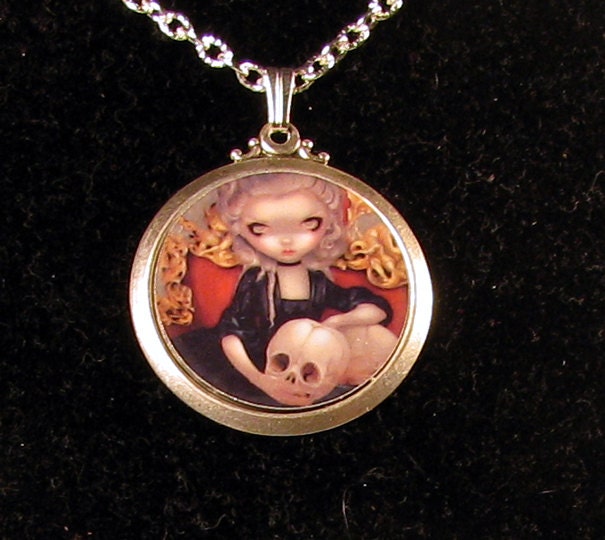 Les Vampires: Les Cranes round pendant necklace from Jasmine Becket-Griffith Art skull vampire
