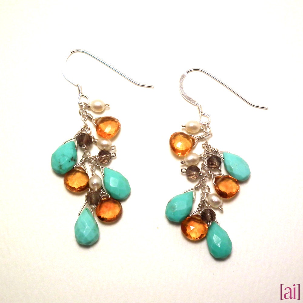Veena - Turquoise, citrine, smoky quartz, and pearl earrings
