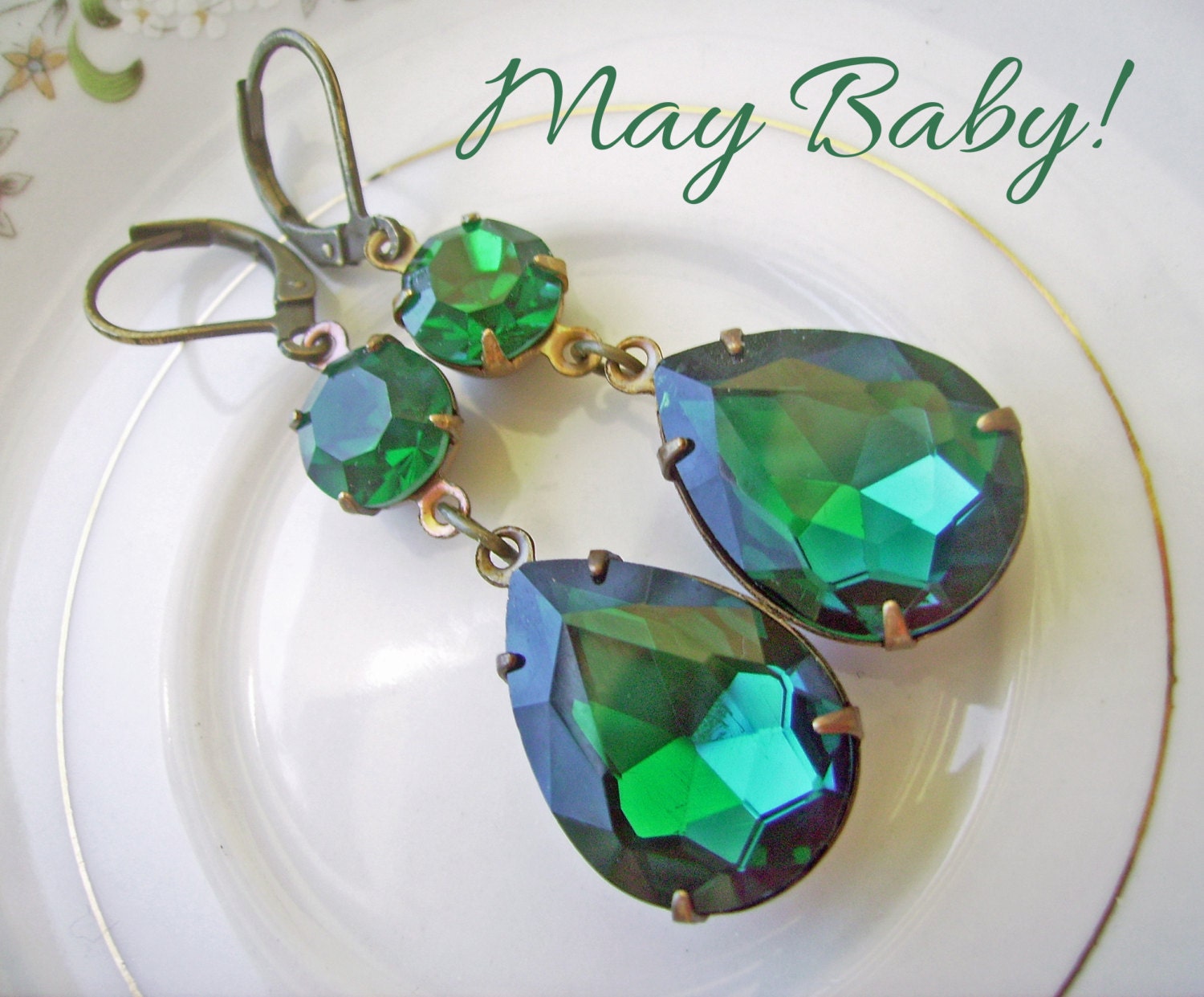 Emerald Crystal Earrings, Vintage Estate Style Earrings, Pear teardrop, bridesmaids wedding jewelry, Old hollywood, birthstone - May Baby