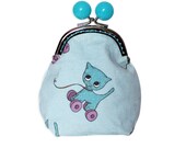 Cat Purse - Blue Cat with pink wheels retro toy - metal frame purse - Blue bobble clasp - large