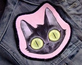 Hand Painted Fabric Patch -Cat Face on Pink- Original Painting