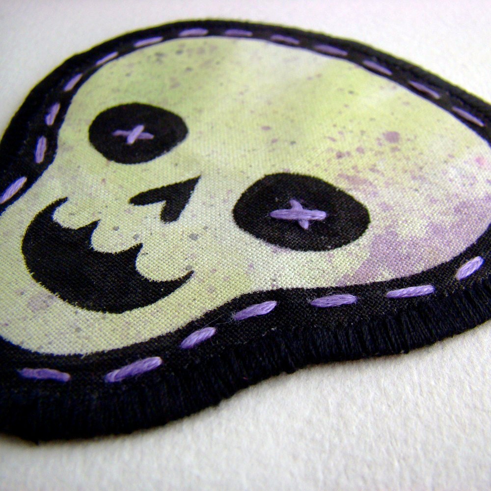 Hand Painted Fabric Patch -Green Skull with purple spatter-