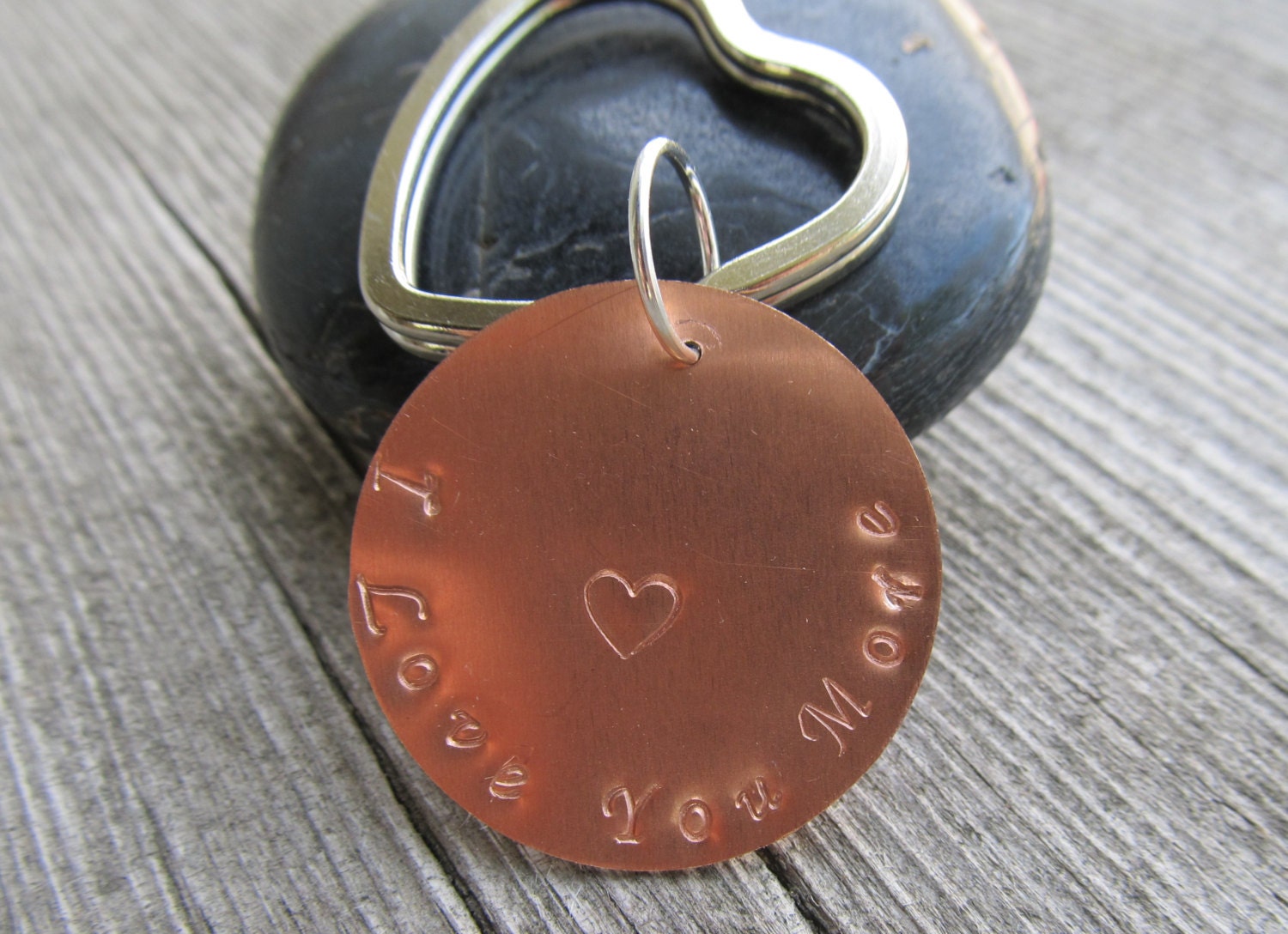 I Love You More Hand Stamped KeyChain in Copper and Nickel