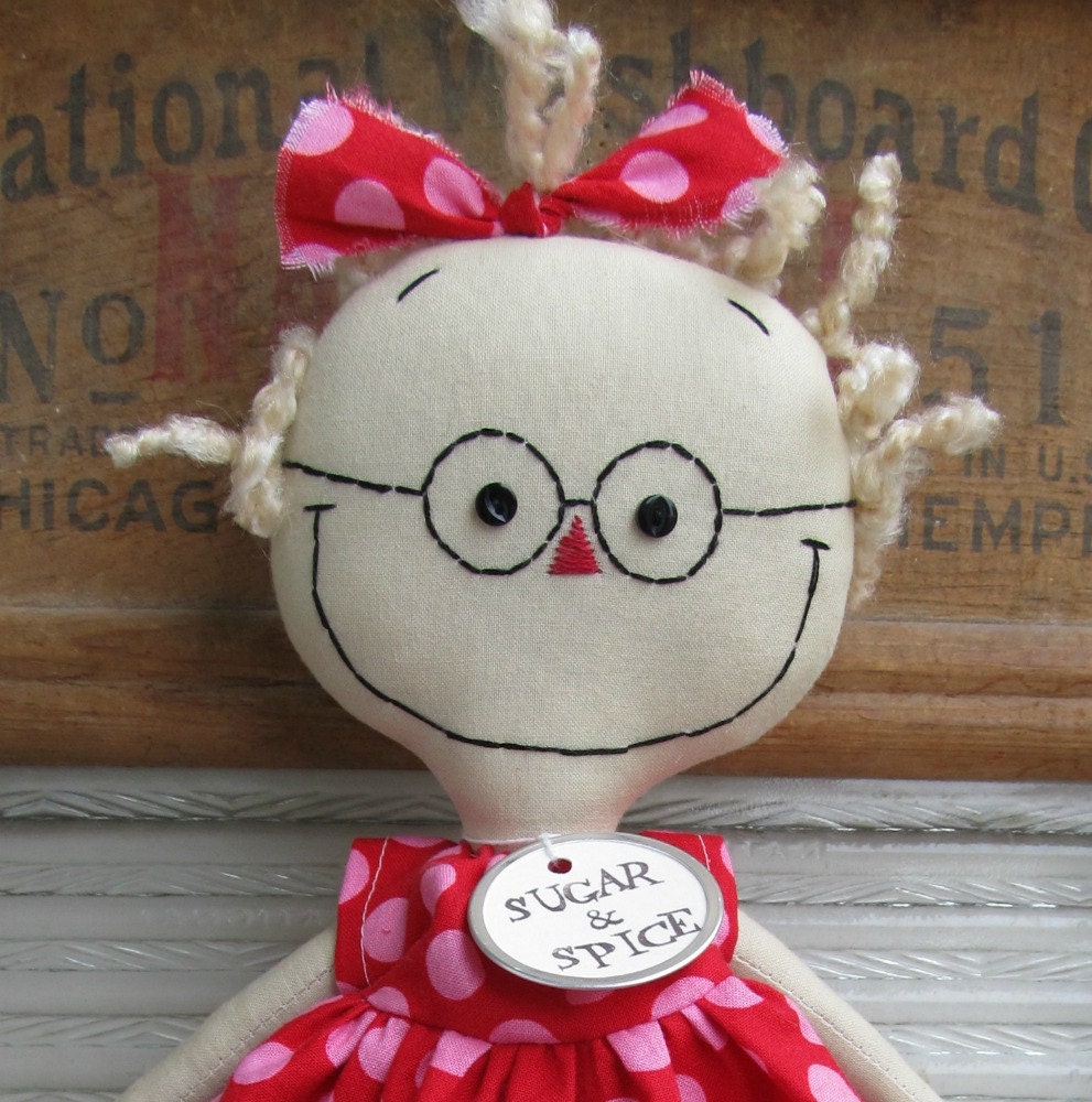 handmade raggedy cloth rag doll with Glasses pink and red polka dots