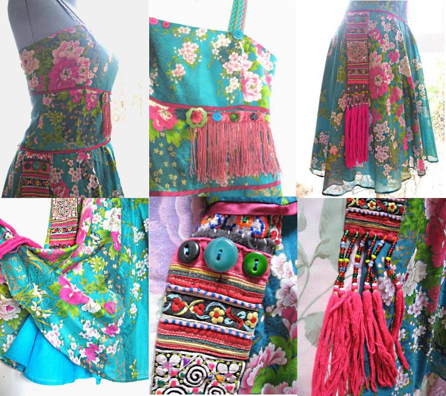 SALE - Garden Party dress, Upcycled, Silk, Teal Blue, Green, Hot Pink, Boho, Vintage Embroidery, Small