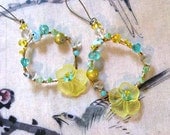SALE - Lemon and Aqua Flower Wired Hoop Earrings, Yellow, Blue, Beaded, Rustic, Bohemian