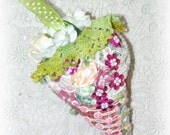 Strawberry Ornament Pink Victorian Crazy Quilt Hand Embroidery