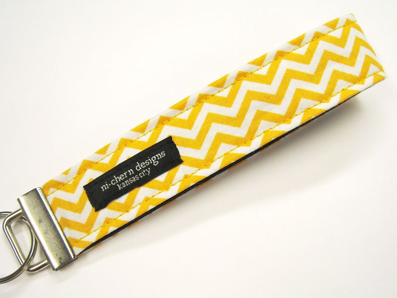 Fabric Wrist Key Fob Tangerine and White Chevron with Black lining