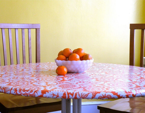Fitted/Elasticized Laminated Cotton Tablecloth for Medium ROUND table Tables -- Custom Order -- bpa and pvc FREE