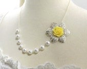 Yellow Flower White Pearl and Silver Bridesmaids Wedding Necklace
