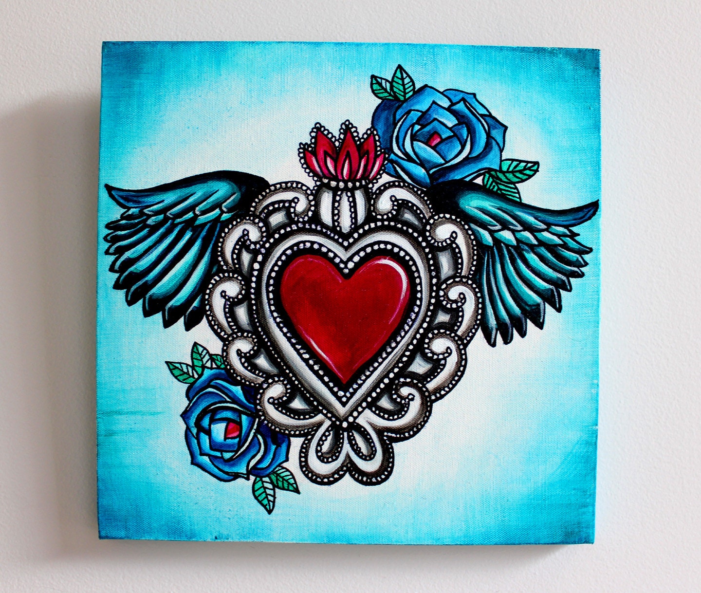 Sacred Heart Milagro with Wings Painting on Canvas- 12 x 12 x .5 inch