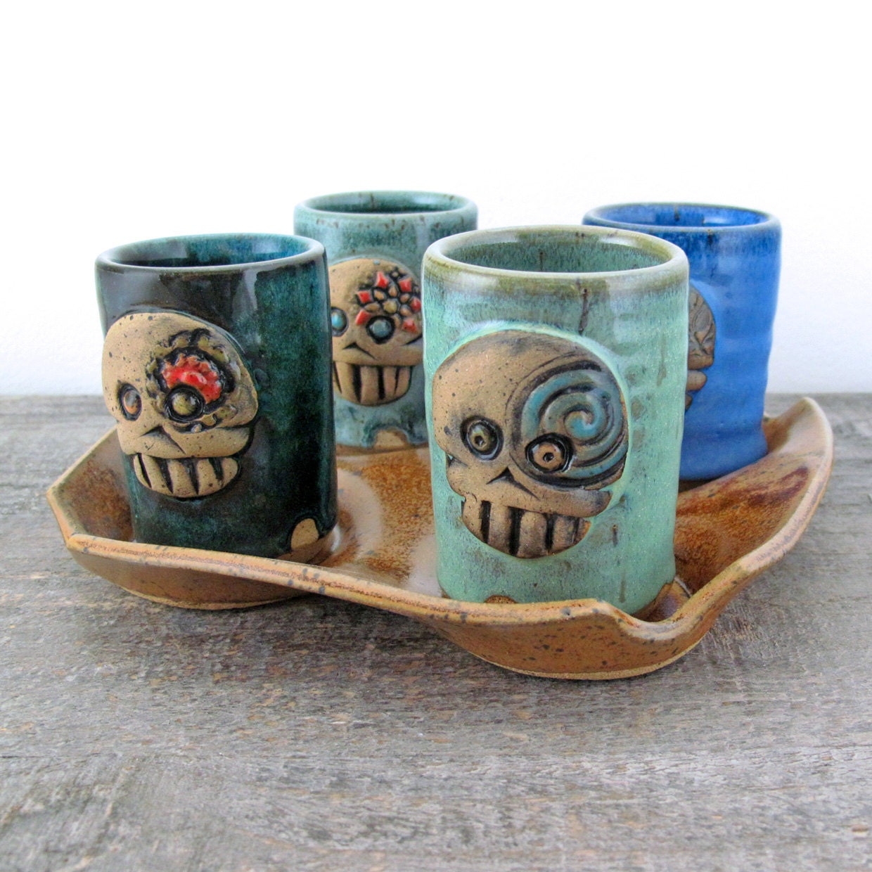 Sea and Sky Skully Shot Glass Set and Tray - Stoneware pottery - Juice Cups - Double Shots - Skull Skeleton
