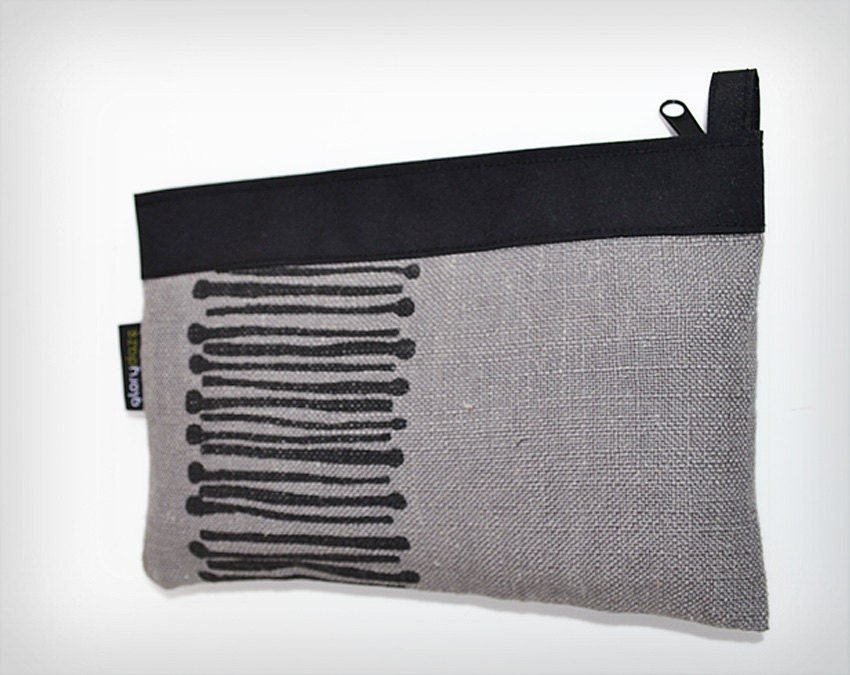Pouch Large Grey Linen Matches Screenprint Zip Gray Black