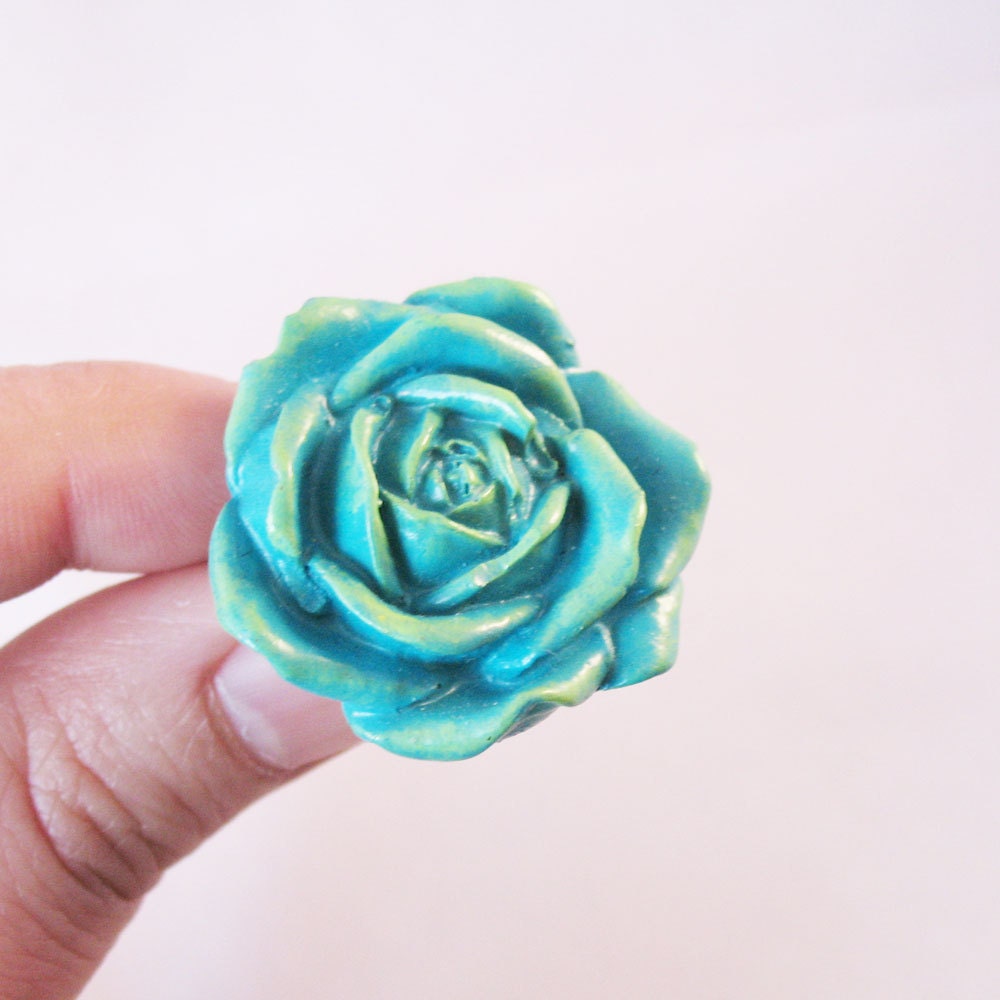 Large Flower Cocktail Ring - Turquoise Rose Flower Ring - Ocean Teal Blue - pulpsushi