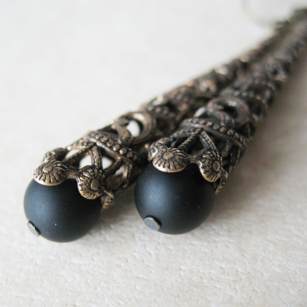Vintage Inspired Black Lucite Drop Filigree Dangle Earrings - Wedding