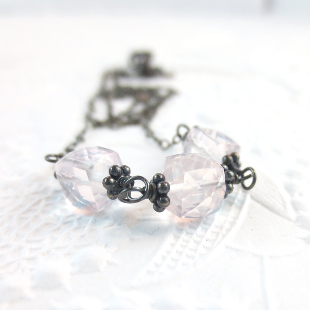 Rose Quartz Cubic Necklace with Oxidised Sterling Silver Gunmetal